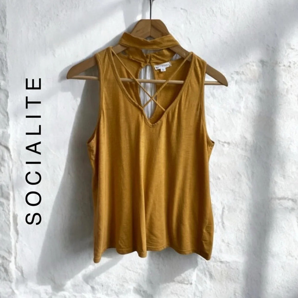 Socialite Tops - Socialite Mustard Yellow High Neck Cutout Tank Top, M